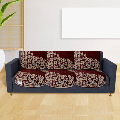 HOMESTIC by Kuber Industries Velvet 3 Seater Sofa Floral Cover(Pack of 6 Maroon)