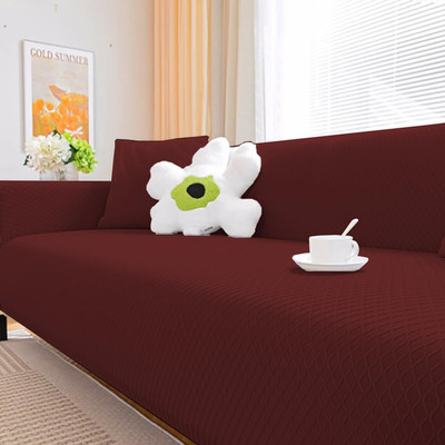 lukzer Jacquard Abstract 3+1+1 Seater Sofa Cover(Pastel Deep Maroon Curved Diamond Pattern Pack of 1)
