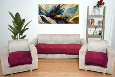 Fashion Throw Velvet 3 Seater Sofa Geometric Cover(Pack of 3 Maroon)