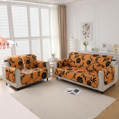 HOKiPO Polyester 3+2 Seater Sofa Floral Cover(Pack of 2 Copper Brown Floral)