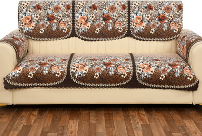 Fairy Tail Velvet 3 Seater Sofa Floral Cover(Pack of 4 Brown Flower)