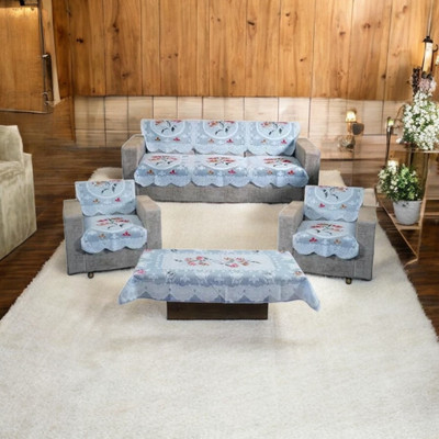 R2H2 Polyester Floral 3+2 Seater Sofa Cover(Blue Pack of 6)