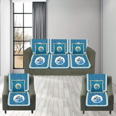 Shailya Velvet 3+1+1 Seater Sofa Floral Cover(Pack of 2 Blue)