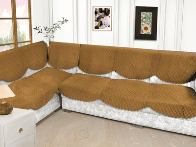 Bigger fish Velvet Checkered 3+3 Seater L-Shape Sofa Cover(Gold Pack of 14)