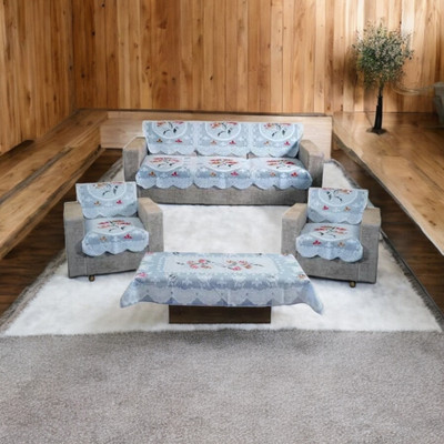 R2H2 Polyester Floral 3+2 Seater Sofa Cover(Blue Pack of 6)