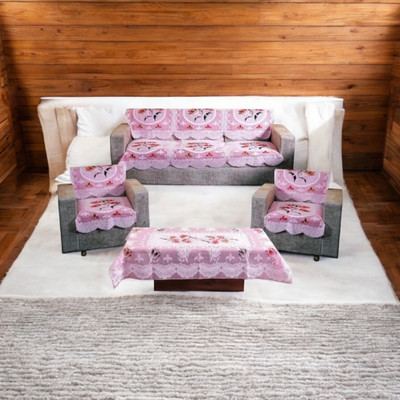 R2H2 Polyester Floral 3+2 Seater Sofa Cover(Pink Pack of 6)