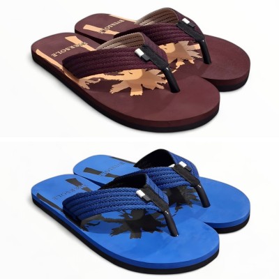 EVERSOLE Men Flip Flops(Maroon, Blue , 9)