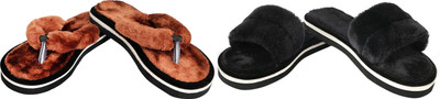 rexizone Women Flip Flops(Brown, Black , 3)