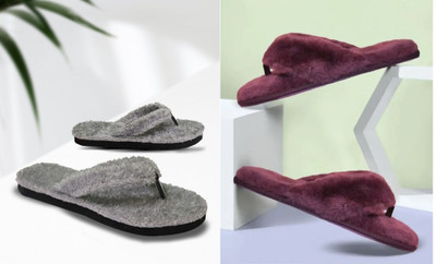 rexizone Women Flip Flops(Grey, Maroon , 4)