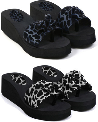 Skytrap Women Stylish Comfortable and Trending Printed Flip Flops Slide Combo of 2 Slippers(Blue, Black , 6)