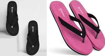DASHNY Women Flip Flops(Black, Pink , 4)