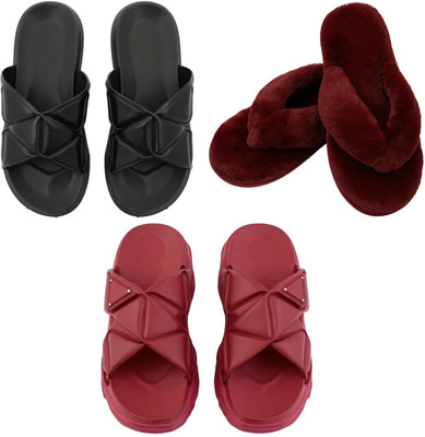 Shivaru trader Women Slippers(Black, Maroon, Maroon , 4)