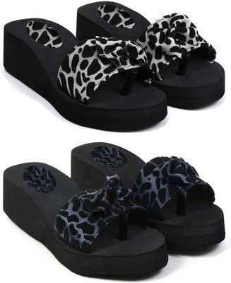 Skytrap Women Stylish Comfortable and Trending Printed Flip Flops Slide Combo of 2 Slides(Black, Blue , 8)