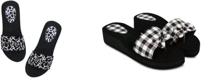 BOOMBEAUTY Women Flip Flops(Black, White , 8)