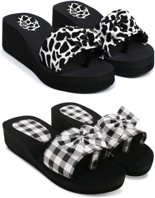 Skytrap Women Stylish Comfortable and Trending Checkered Flip Flops Slide Combo of 2 Slides(White, Black , 6)