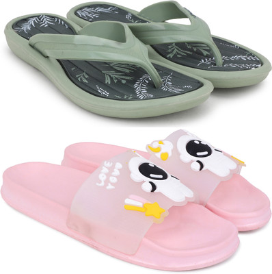 Pampy Angel Women Women Classic Trendy Flipflops, Slipper, Sliders, Chappal Combo Pack of 2 Slippers(Green, Pink , 8)