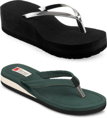 kishu Women Flip Flops(Silver, Black, Green , 6)