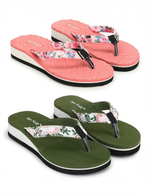 TWO SOFT Women Pack Of 2 Combo Stylish Extra Comfort Lightweight Dailywear Used Slippers(Pink, Green , 8)