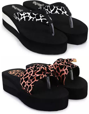 Skytrap Women Stylish Comfortable and Trending Printed Flip Flops Slide Combo of 2 Slippers(White, Brown , 8)