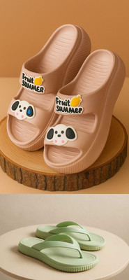 Shivaru Traders Women Flip Flops(Beige, Green , 8)