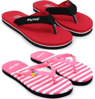 Skytrap Women Slippers(Pink, Black , 5)