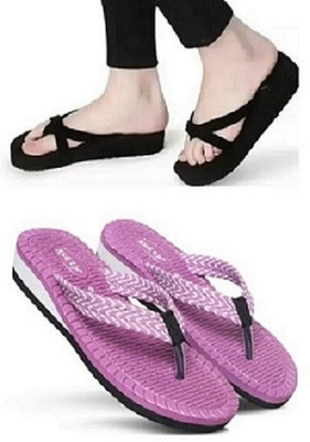 Kick up Women Flip Flops(Pink, Black , 7)