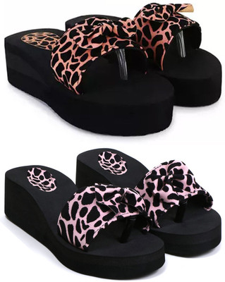 Skytrap Women Stylish Comfortable and Trending Printed Flip Flops Slide Combo of 2 Slippers(Brown, Pink , 8)