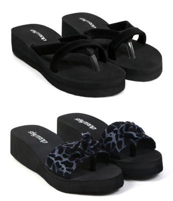 Skytrap Women Stylish Comfortable and Trending Cross Strap Flip Flop Combo of 2 Slippers(Black, Blue , 4)