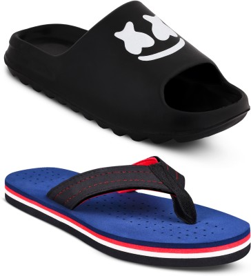 Keneye Men Men Combo of 2 Light Weight & Comfortable Slides(Black, Red , 7)