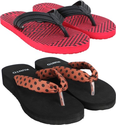 KUNTO Women Flip Flops(Red, Black, Brown , 7)