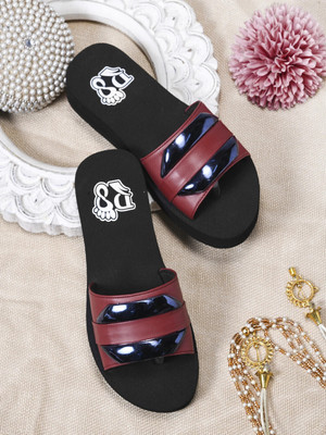 Rasambh Women Comfortable Stylish and Trending Colorful Printed Flip Flops sliders For Slides(Maroon, Black , 5)
