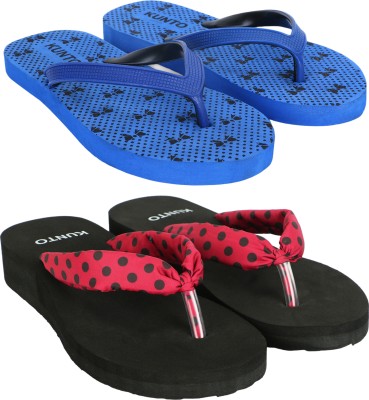 KUNTO Women Flip Flops(Blue, Black, Red , 7)