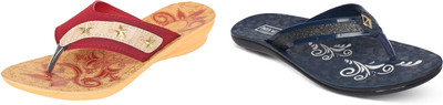 hiyaga Women Flip Flops(Blue, Red, Beige , 5)
