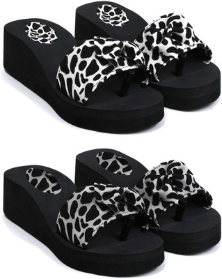Skytrap Women Stylish Comfortable and Trending Printed Flip Flops Slide Combo of 2 Slippers(White, Black , 8)