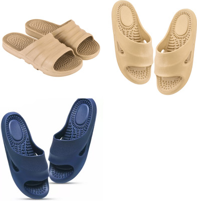 Feel alive Men Slippers(Beige, Blue , 9)