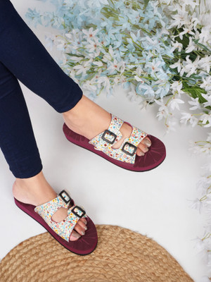 Rasambh Women Comfortable Stylish and Trending Colorful Printed Flip Flops sliders For Women Slides(Maroon , 5)