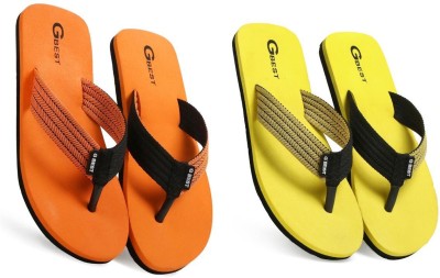 G Best Men Flip Flops(Yellow, Orange , 9)