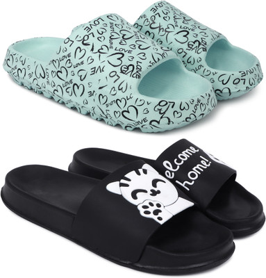 Kapani Fashion Women Women Combo Pack of 2 Flipflops, Slipper, Slides, Chappal (Green, Black , 6) Slides(Green, Black , 6)