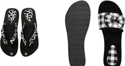 BOOMBEAUTY Women Slides(Black, White , 4)