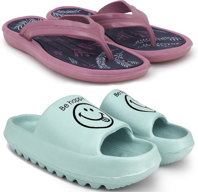 Kapani Fashion Women Women Combo Pack of 2 Lightweight Flipflops, Slipper, Slides (Pink, Green , 6) Slippers(Pink, Green , 6)