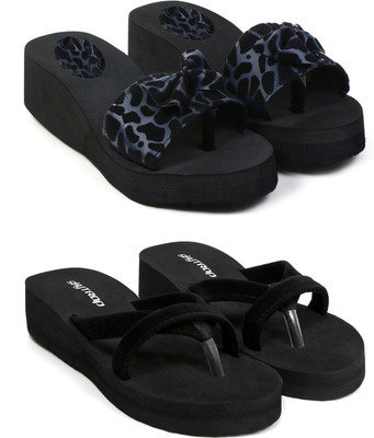 Feens Women Stylish and Comfortable Trending Light Weight Printed Flipflop Combo of 2 Slides(Blue, Black , 8)