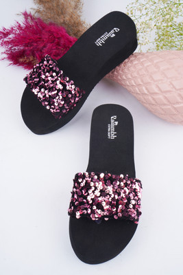 Rasambh Women Comfortable Stylish and Trending Sequined Flip Flops sliders For Women Slides(Pink , 4)