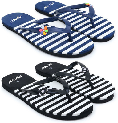 Skytrap Women Stylish Comfortable and Trending Hawai Flip Flops Combo of 2 Slippers(Navy, Black , 6)