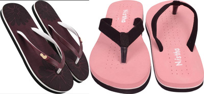 NISTHA Women Flip Flops(Orange, Maroon , 6)