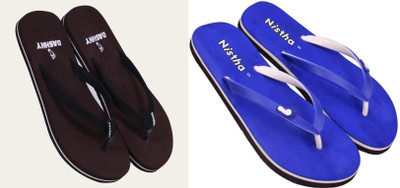 DASHNY Women Flip Flops(Brown, Blue , 4)