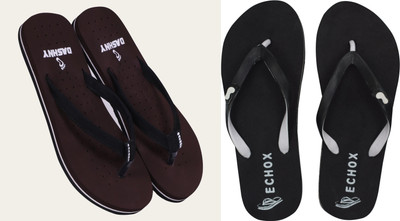 DASHNY Women Flip Flops(Brown, Black , 5)