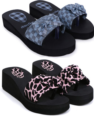 Skytrap Women Stylish Comfortable and Trending Printed Flip Flops Slide Combo of 2 Slippers(Grey, Pink, Black , 5)