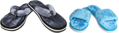 rexizone Women Flip Flops(Grey, Blue , 6)