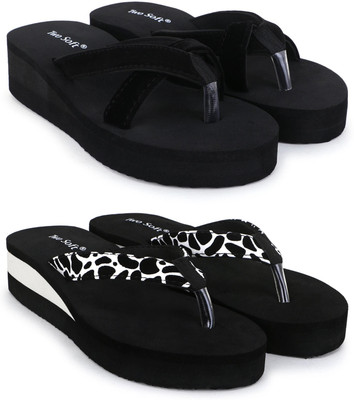 TWO SOFT Women Pack Of 2 Combo Stylish Extra Comfort Lightweight Dailywear Used Slippers(Black, White , 5)