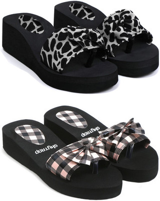 Skytrap Women Stylish Comfortable and Trending Checkered Flip Flops Slide Combo of 2 Slides(Black, Pink , 7)